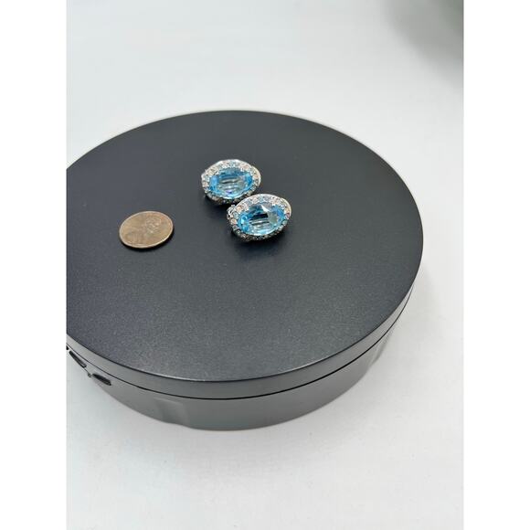 Swarovski Vintage Large Oval Blue Topaz Crystal Prong Set Halo Clip On Earrings - Picture 4 of 9